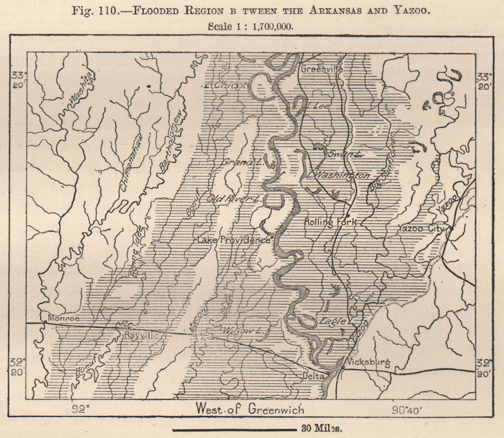 Flooded region between the Arkansas and Yazoo. USA 1885 old antique map chart